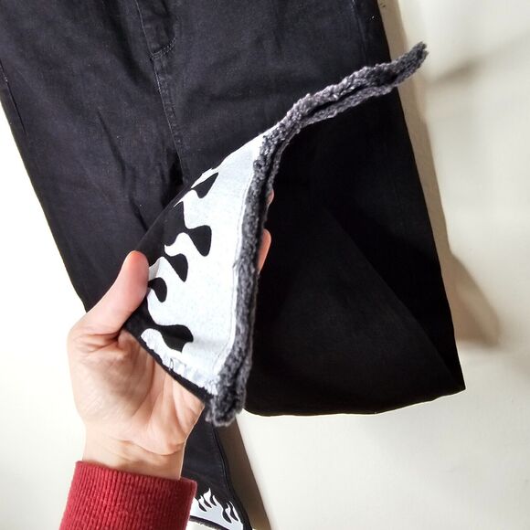 NWT Subdued Black Crop Flare Button Fly Raw Hem Front and Pocket White Flames 26 - Picture 6 of 12